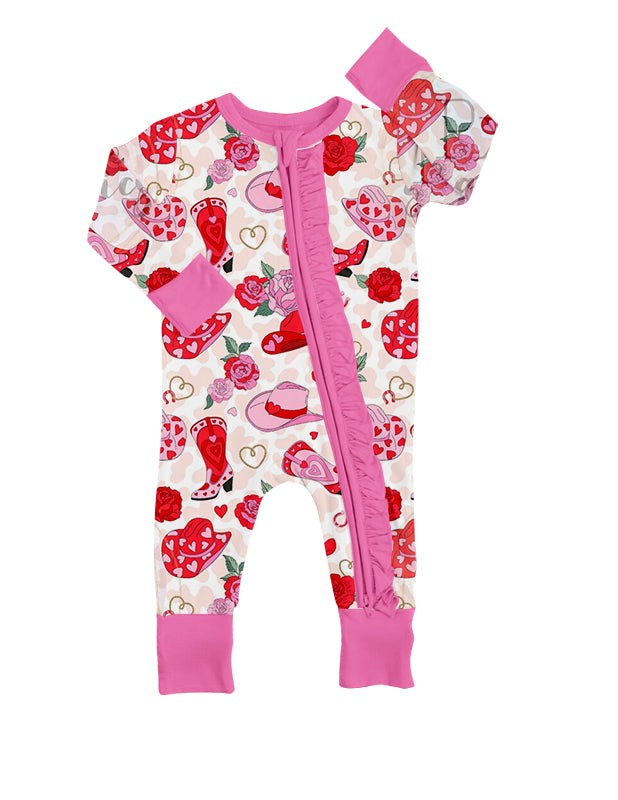 Baby Infant Western Girls Rose Hats Long Sleeve Zip Rompers preorder(moq 5)