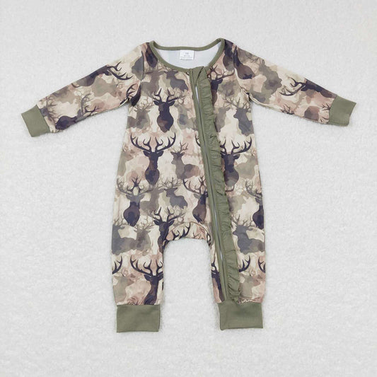 Baby Girls Camo Deer Ruffle Zip Long Sleeve Rompers