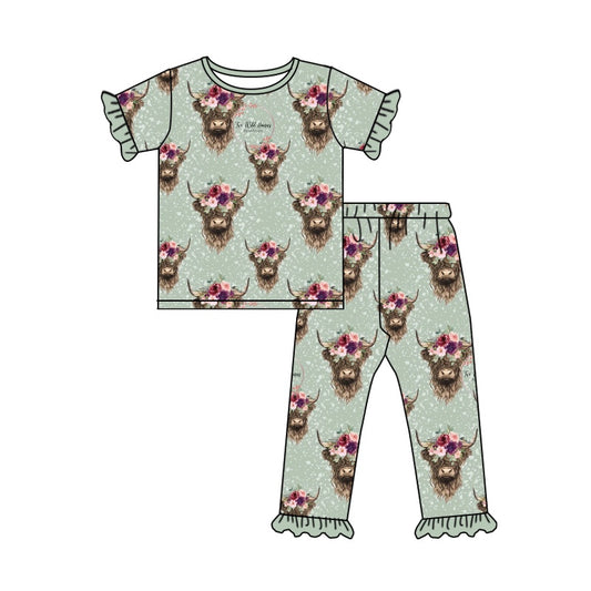 Baby Girls Western Green Highland Cow Tee Shirt Ruffle Pants Jammies Pajamas Sets Preorder(moq 5)