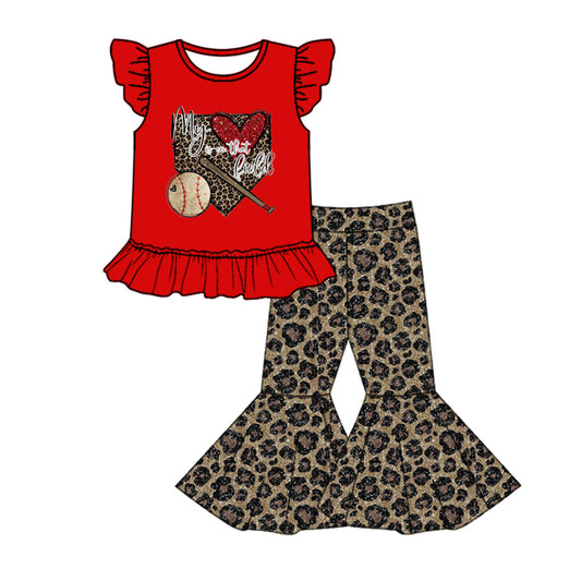 Baby Girls Baseball Red Top Leopard Flare Pants Clothes Sets preorder(moq 5)
