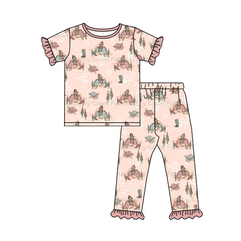 Baby Girls Western Pink Rodeo Tee Shirt Ruffle Pants Jammies Pajamas Sets Preorder(moq 5)