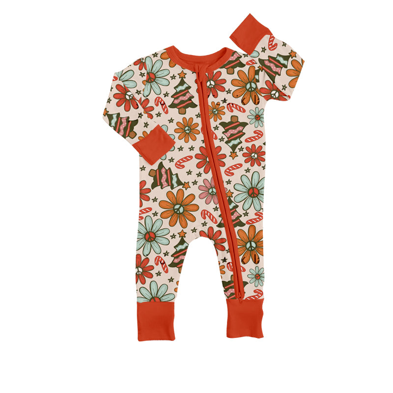 Baby Girls Infant Christmas Tree Flowers Long Sleeve Zip Rompers preorder(moq 5)