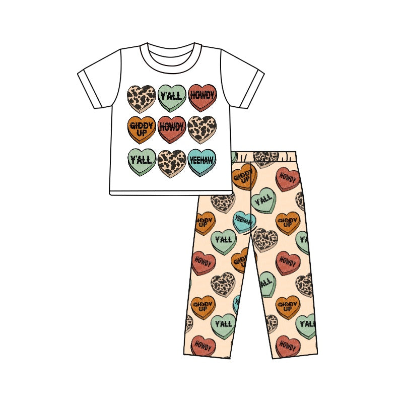 Baby Boys Valentines Hearts Howdy Short Sleeve Tee Shirt Pants Sets Preorder(moq 5)