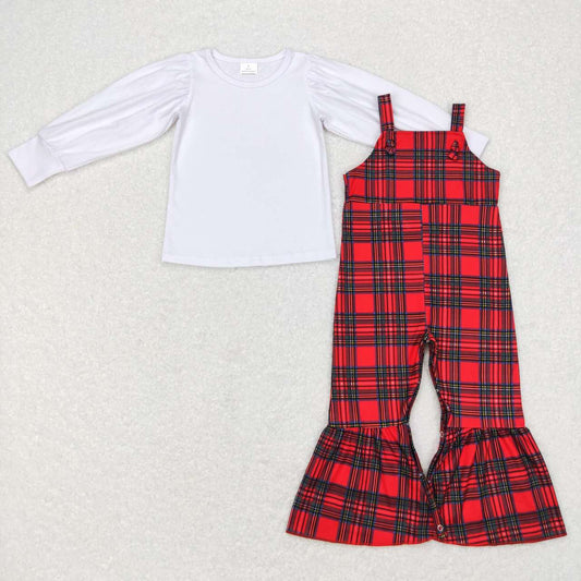 Baby Girls Christmas White Long Sleeve Tee Shirts Red Green Plaid Jumpsuits Clothes Sets