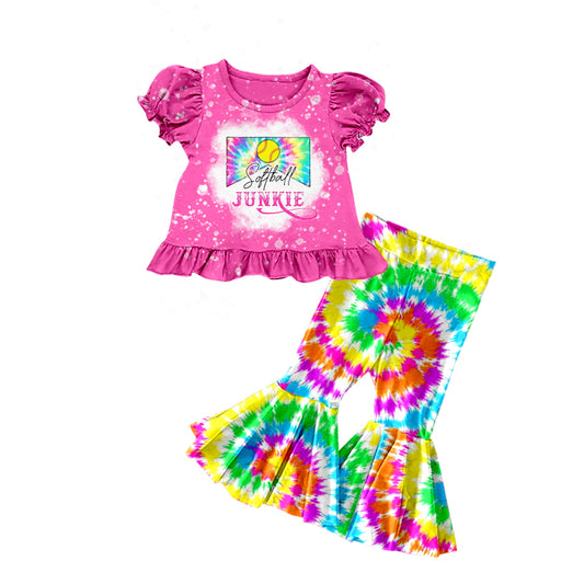 Baby Girls Softball Pink Shirts Top Flare Tie Dye Pants Clothes Sets Preorder(moq 5)