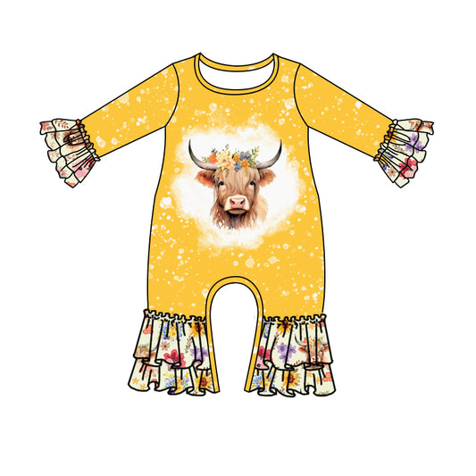 Baby Girls Highland Cow Western Flowers Long Sleeve Rompers preorder(moq 5)