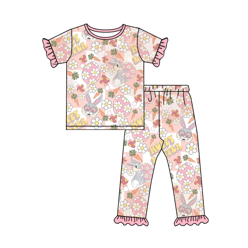 Baby Girls Happy Easter Rabbit Eggs Shirt Pants Pajamas Sets Preorder(moq 5)