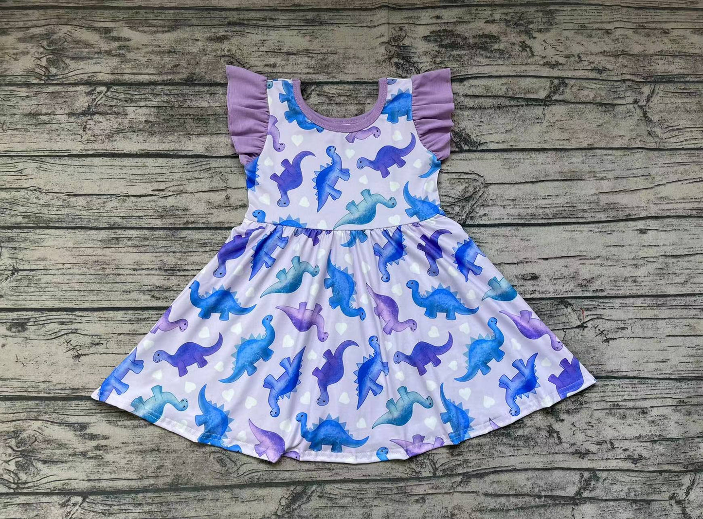 Baby Girls Purple Dinosaur Flutter Sleeve Knee Length Dresses