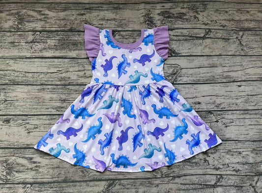 Baby Girls Purple Dinosaur Flutter Sleeve Knee Length Dresses