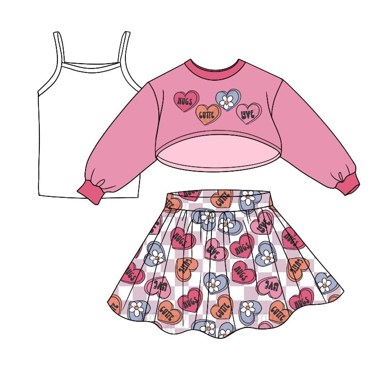 Baby Girls Valentines Pink Hearts 3pcs Top Tee Skirts Clothes Sets preorder(moq 5)