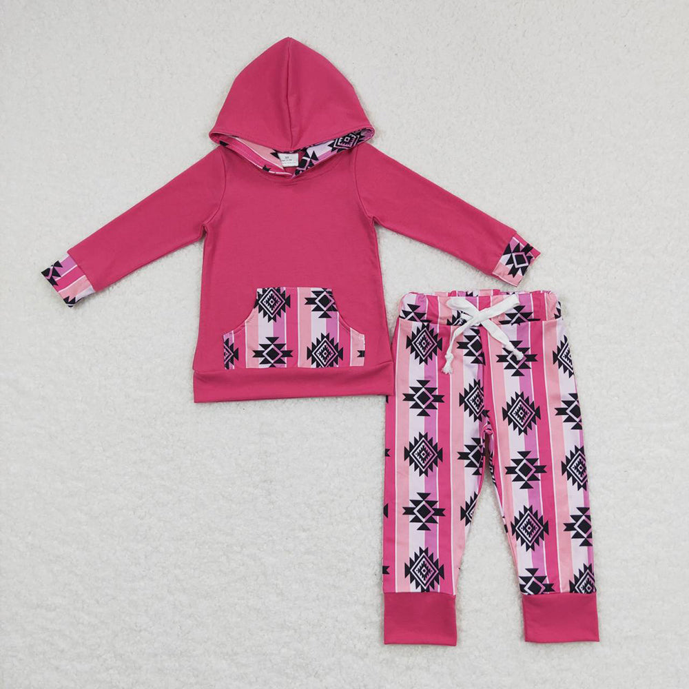 Baby Girls Aztec Hotpink Long Sleeve Hooded Top Pants Clothing Sets