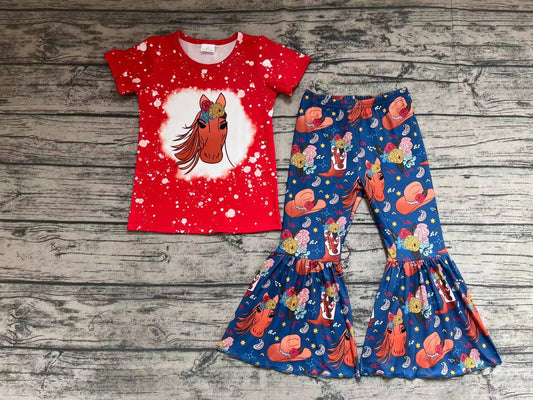 Baby Girls Horse Short Sleeve Top Western Bell Pants Clothing Sets