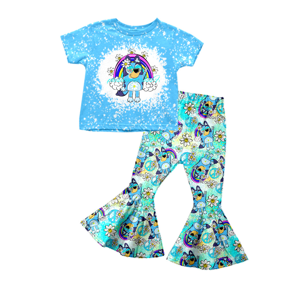 Baby Girls Blue Dog Rainbow Top Flare Pants Clothes Sets preorder(moq 5)