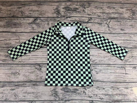 Baby Boys Green Checkered Long Sleeve Zip Pullovers Tops