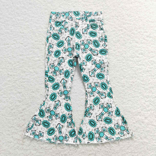 Baby Girls Easter Cross Turquoise Bell Flare Denim Pants Jeans