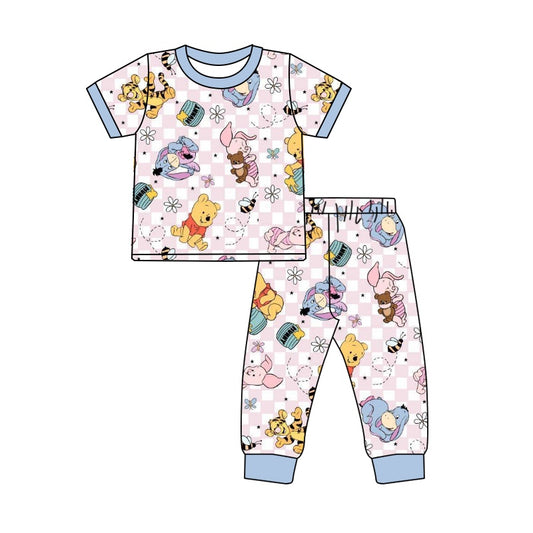 Baby Girls Cartoon Bear Pig Short Sleeve Tee Shirt Pants Pajamas Sets Preorder(moq 5)