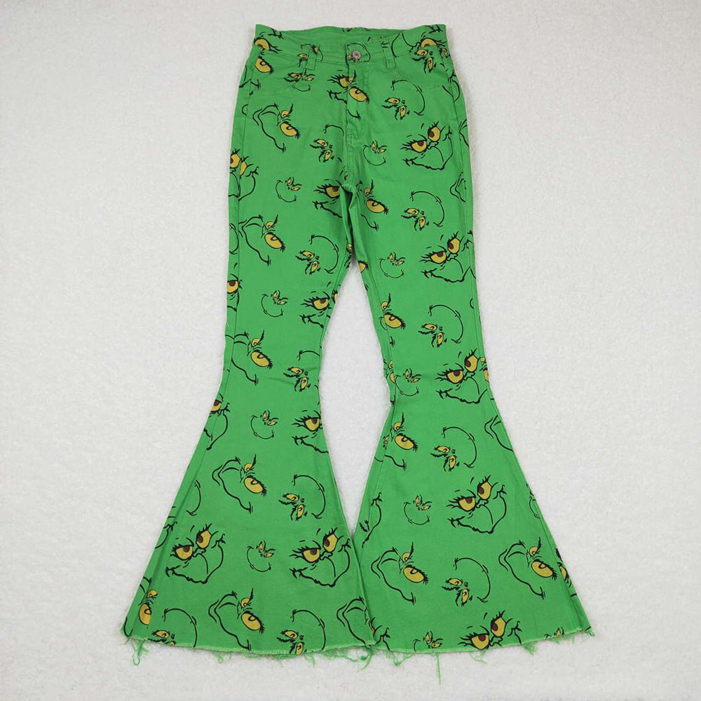 Mommy and Me Adult Baby Girls Christmas Green Frog Face Denim Bell Pants Jeans