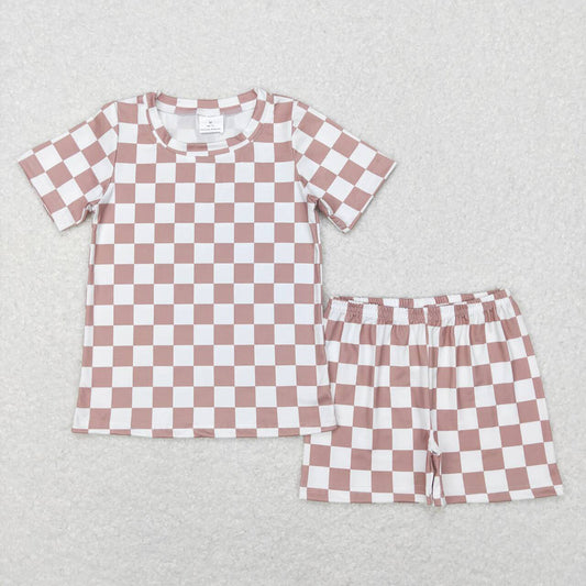 Baby Kids Khaki Checkered Summer Shorts Pajamas Clothes Sets