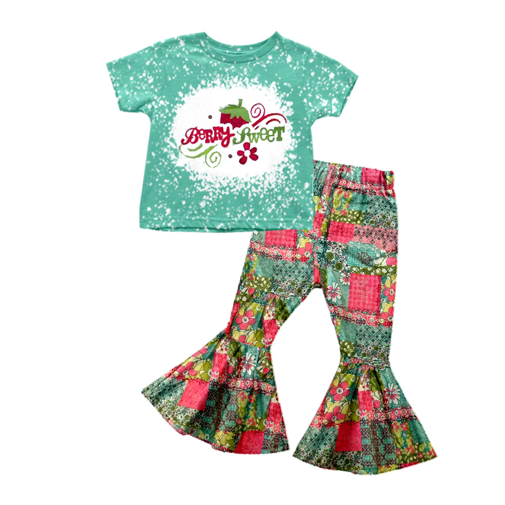 Baby Girls Strawberry Green Top Flare Pants Clothes Sets preorder(moq 5)