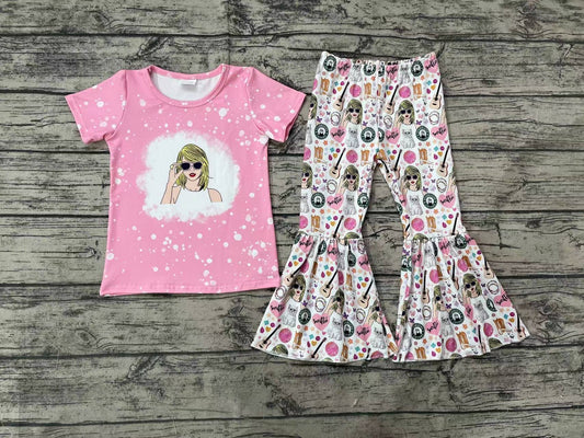 Baby Girls Pink Pop Singer Shirt Top Bell Bottom Pants Outfits Clothes Sets