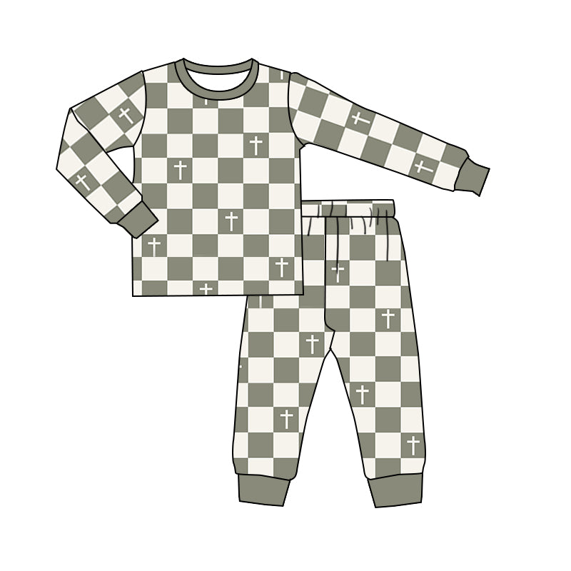 Baby Boys Green Checkered Shirt Pants 2pcs Jammies Clothes preorder(moq 5)