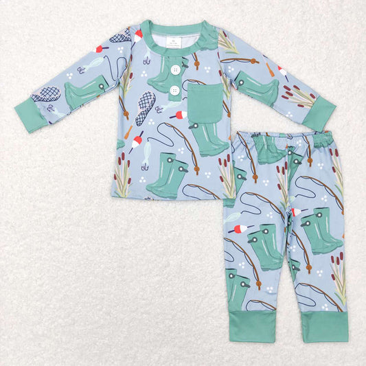 Baby Boys Green Fishing Pocket Top Pants Pajamas Clothes Sets