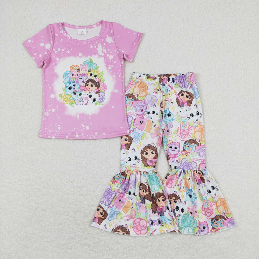 Baby Girls Pink Animal Cat Flowers Shirts Top Bell Pants Clothes Sets