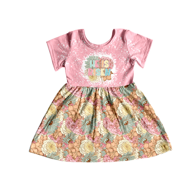 Baby Girls Pink Short Sleeve He Is Risen Easter Floral Knee Length Dresses Preorder(moq 5)