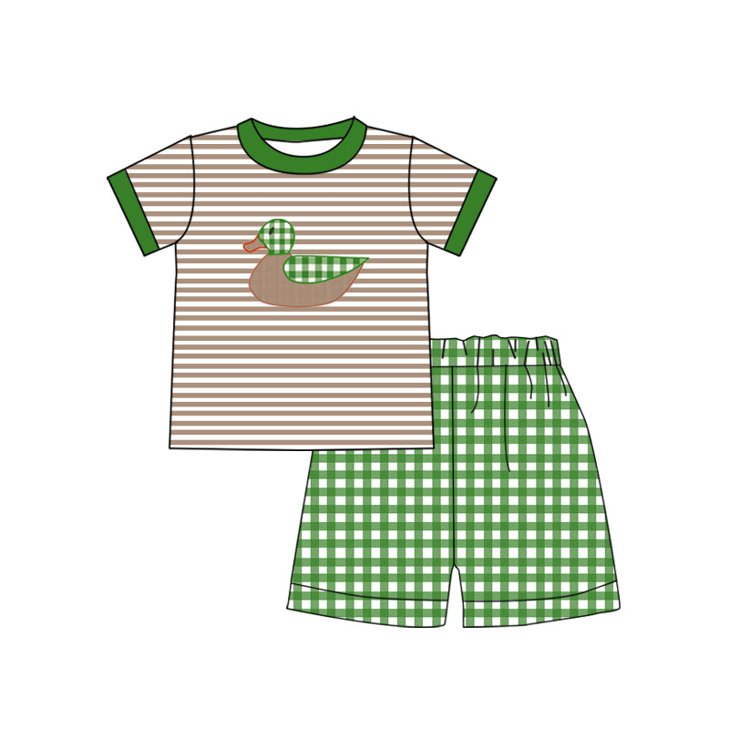 Baby Boys Stripes Duck Tee Shirts Green Checkered Shorts Clothes Sets Preorder(moq 5)