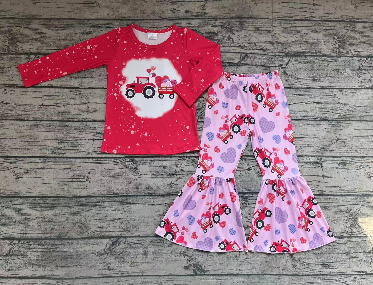 Baby Girls Valentines Hearts Tractor Shirt Bell Pants Clothing Sets