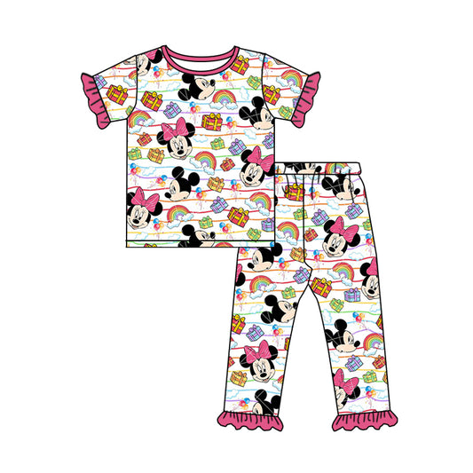 Baby Girls Cartoon Present Ruffle Shirt Pants Pajamas Clothing Sets Preorder(moq 5)