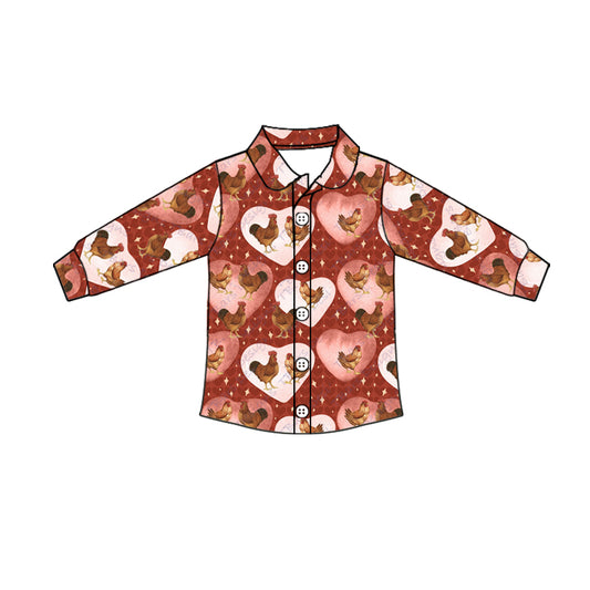 Baby Boys Valentines Chicken Long Sleeve Buttons Tee Shirts Tops preorder(moq 5)