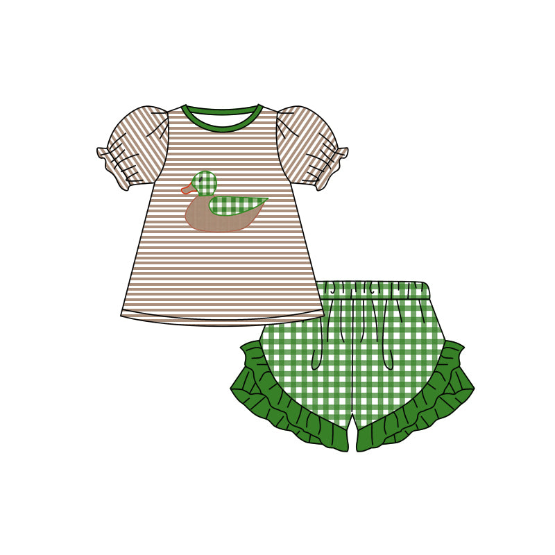 Baby Girls Stripes Duck Tee Shirts Green Checkered Ruffle Shorts Clothes Sets Preorder(moq 5)