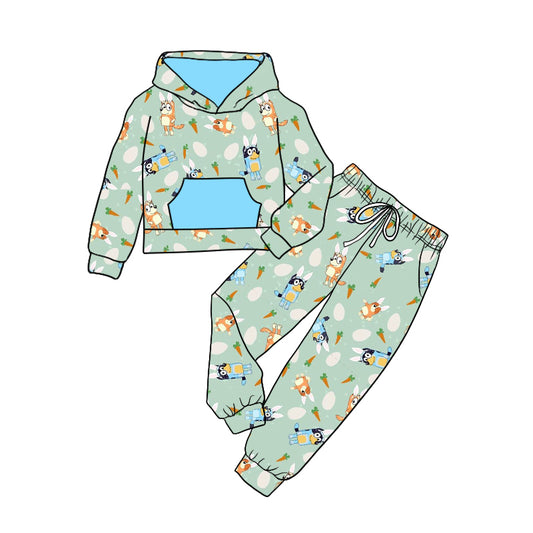 Baby Girls Easter Dog Hooded Blue Top Pants Boutique Clothes Sets preorder(moq 5)