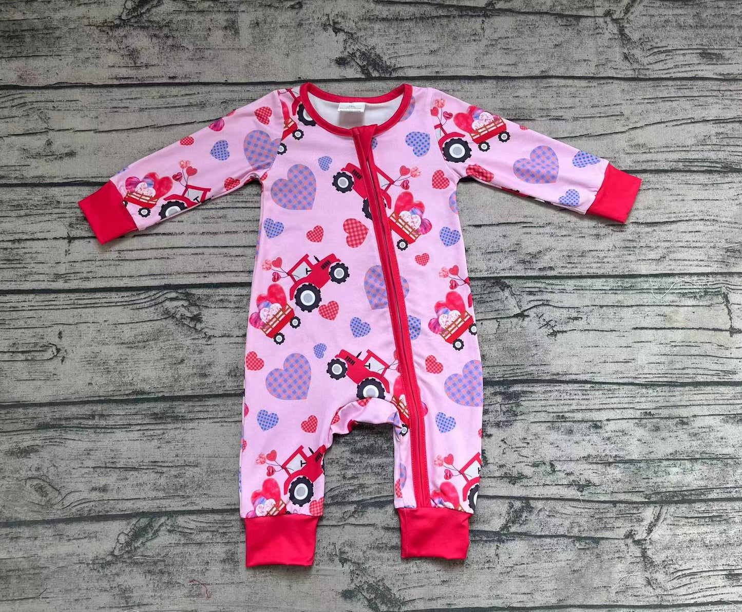 Baby Infant Girls Valentines Hearts Tractors Long Sleeve Zip Rompers