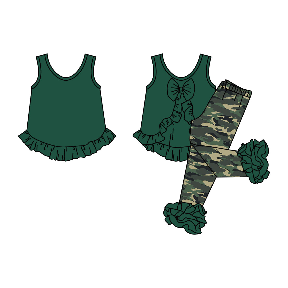 Baby Girls Green Sleeveless Ruffle Tunic Top Camo Icing Pants Clothes Sets Preorder(moq 5)
