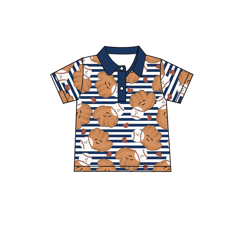 Baby Boys Blue Stripes Baseball Buttons Short Sleeve Shirt Tops Preorder(moq 5)