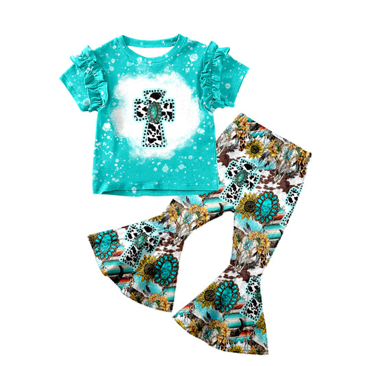 Baby Girls Easter Turquoise Cross Tee Bell Bottom Pants Clothes Sets preorder(moq 5)