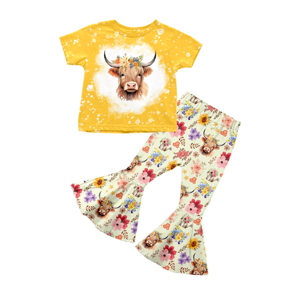 Baby Girls Highland Cow Flowers Wetern Pants Clothes Sets preorder(moq 5)