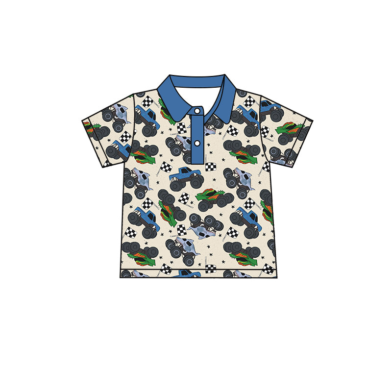 Baby Boys Blue Tractors Buttons Short Sleeve Shirt Tops Preorder(moq 5)