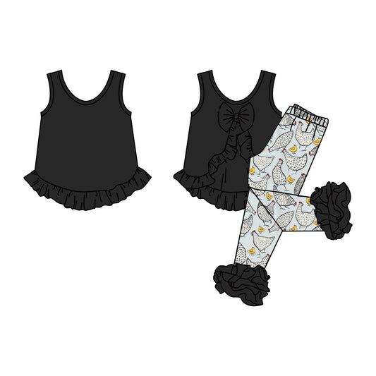 Baby Girls Black Sleeveless Ruffle Tunic Top Chicken Icing Pants Clothes Sets Preorder(moq 5)