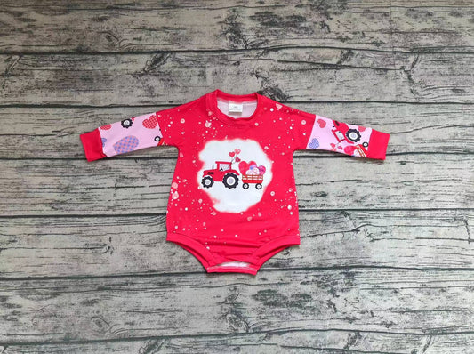 Baby Infant Girls Valentines Hearts Tractors Long Sleeve Rompers