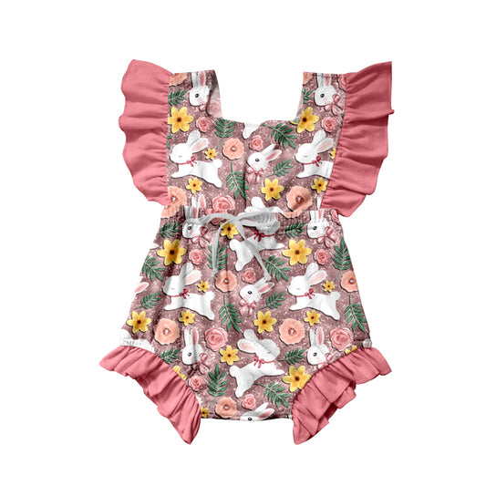 Baby Infant Girls Pink Easter Flowers Rabbit Sleeveless Rompers preorder(moq 5)