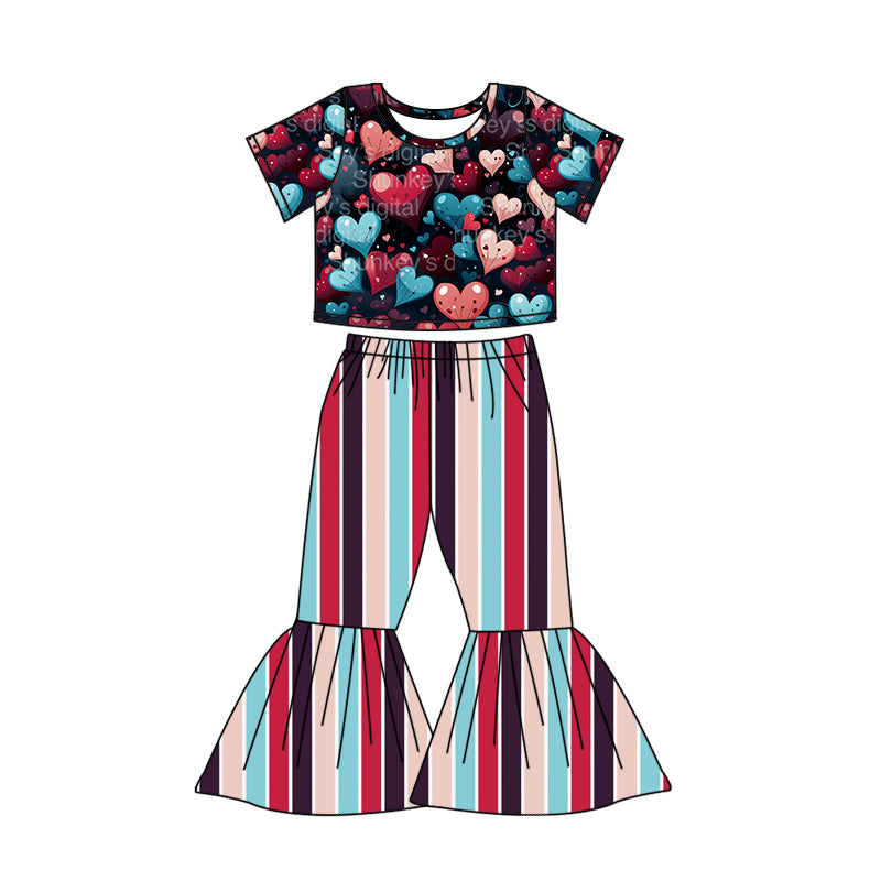 Baby Girls Hearts Short Sleeve Top Stripes Bell Pants Outfits Sets preorder(moq 5)