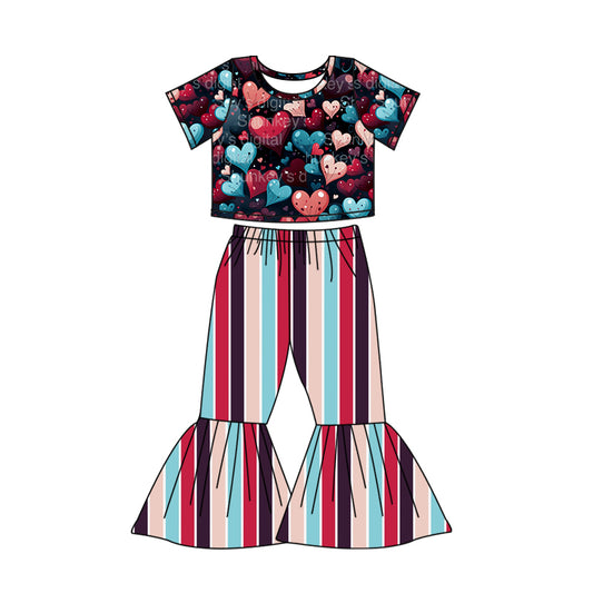 Baby Girls Hearts Short Sleeve Top Stripes Bell Pants Outfits Sets preorder(moq 5)