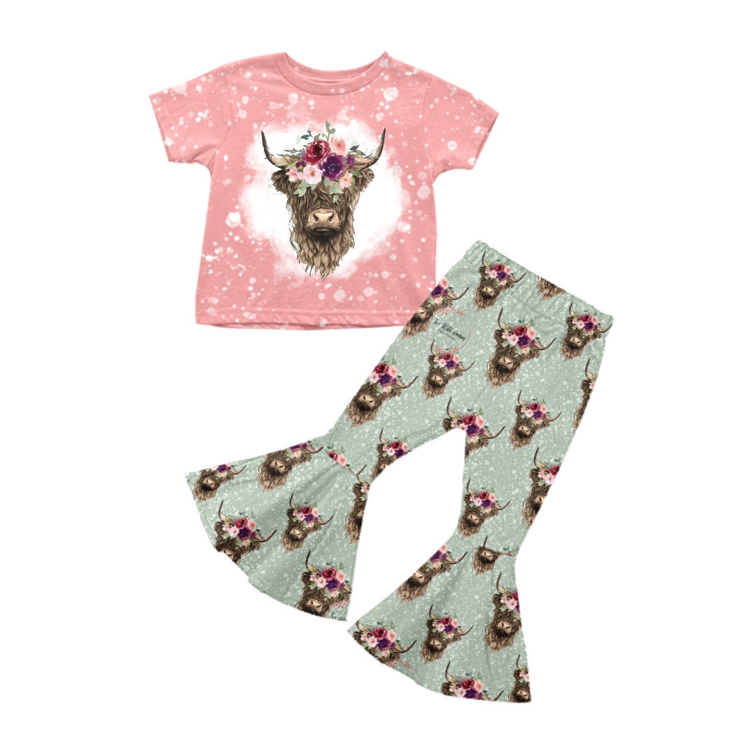 Baby Girls Western Pink Highland Cow Tee Shirt Flare Pants Sets Preorder(moq 5)