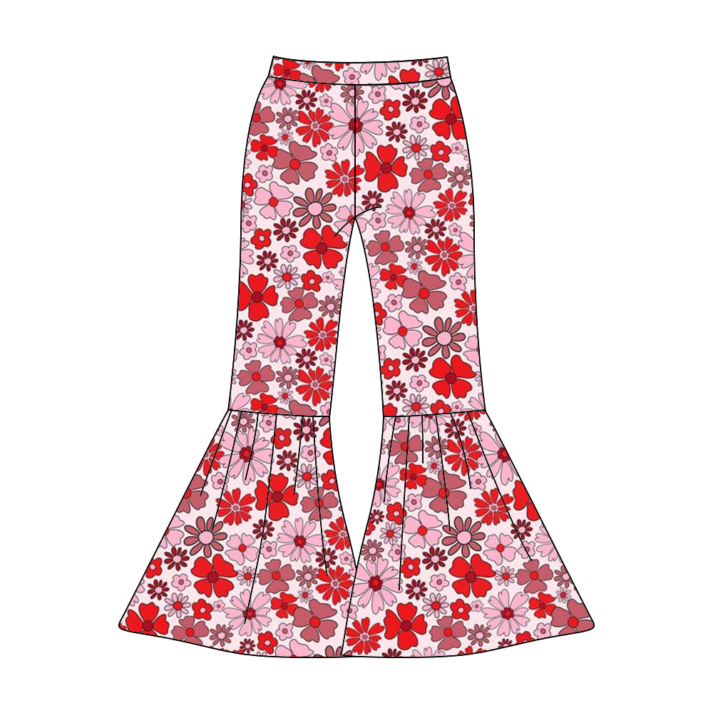 Adult Women Red Pink Flowers Valentines Bell Bottom Pants Preorder(moq 5)