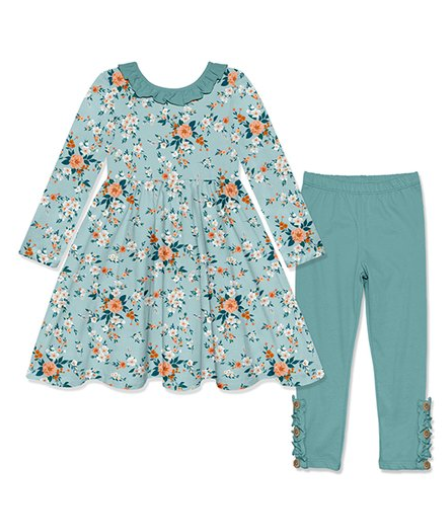 Baby Girls Green Orange Flowers Tunic Top Legging Pants Clothing Sets preorder(moq 5)