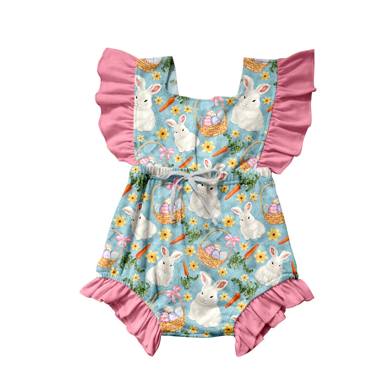 Baby Infant Girls Ruffle Easter Flowers Rabbit Sleeveless Rompers preorder(moq 5)