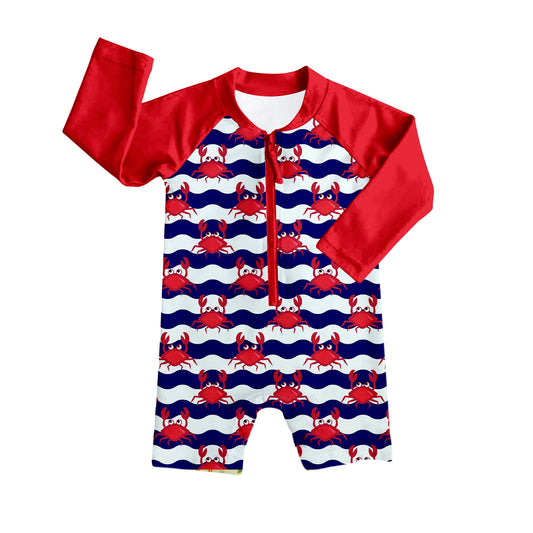 Baby Boys Red Stripes Crab Long Sleeve One Piece Swimsuits preorder(moq 5)